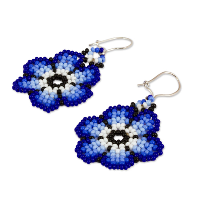 Glass beaded dangle earrings, 'Royal Flowers' - Glass Beaded Floral Dangle Earrings in Blue from Mexico