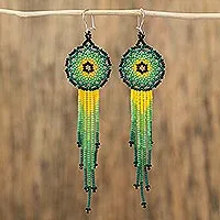 Glass beaded waterfall earrings, 'Verdant Rain' - Glass Beaded Waterfall Earrings in Green from Mexico