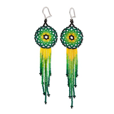 Glass beaded waterfall earrings, 'Verdant Rain' - Glass Beaded Waterfall Earrings in Green from Mexico