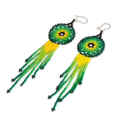 Glass beaded waterfall earrings, 'Verdant Rain' - Glass Beaded Waterfall Earrings in Green from Mexico