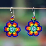 Glass beaded dangle earrings, 'Floral Colors' - Glass Beaded Floral Dangle Earrings from Mexico