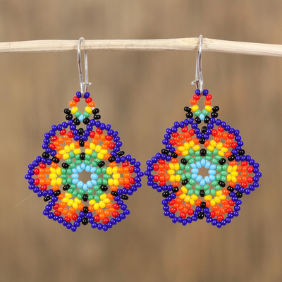 Glass beaded dangle earrings, 'Floral Colors' - Glass Beaded Floral Dangle Earrings from Mexico