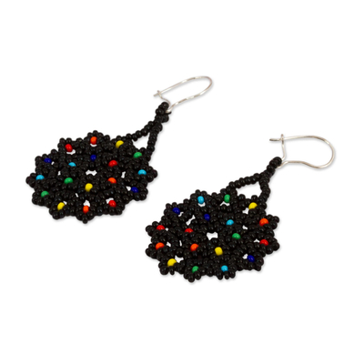Glass beaded dangle earrings, 'Dark Colorful Stars' - Dark Glass Beaded Dangle Earrings from Mexico