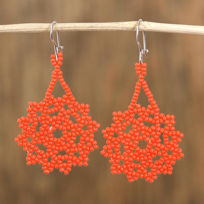 Glass beaded dangle earrings, 'Orange Stars' - Glass Beaded Dangle Earrings in Orange from Mexico