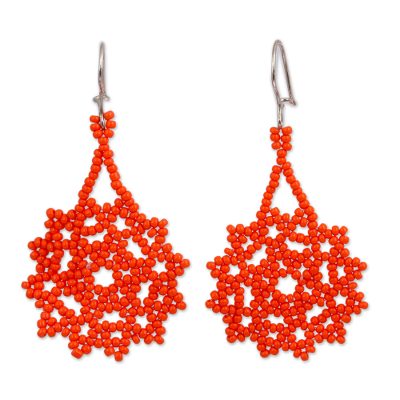 Glass beaded dangle earrings, 'Orange Stars' - Glass Beaded Dangle Earrings in Orange from Mexico