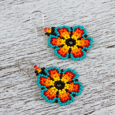 Glass beaded dangle earrings, 'Sky Petals' - Floral Colorful Glass Beaded Dangle Earrings from Mexico