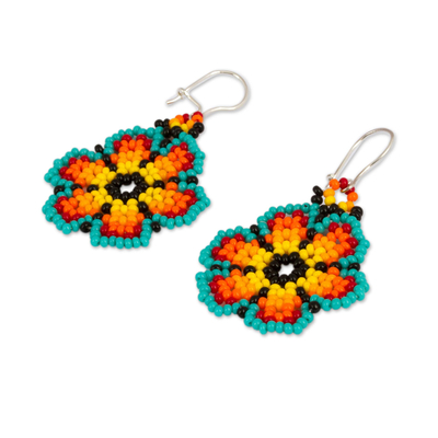 Glass beaded dangle earrings, 'Sky Petals' - Floral Colorful Glass Beaded Dangle Earrings from Mexico