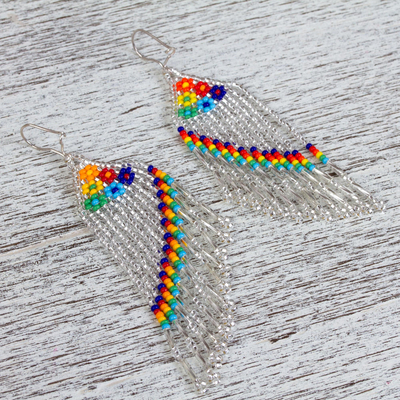 Glass beaded waterfall earrings, 'Shower of Colors' - Colorful Glass Beaded Waterfall Earrings from Mexico