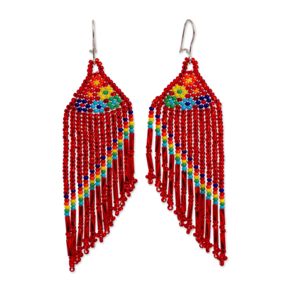 Glass Beaded Waterfall Earrings in Red from Mexico