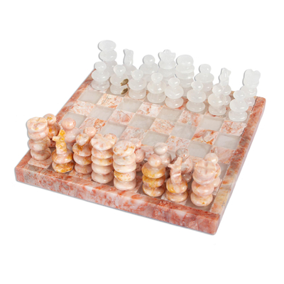 Onyx and Marble Chess Set in Pink and Ivory from Mexico