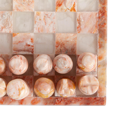 Onyx and marble chess set, 'Pink and Ivory Challenge' - Onyx and Marble Chess Set in Pink and Ivory from Mexico