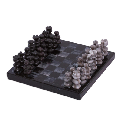 Mini-Schachspiel aus Marmor, (5 Zoll) - Handgefertigtes Mini-Marmor-Schachspiel in Schwarz und Grau