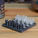 Mini onyx and marble chess set, 'Grey and Ivory Challenge' - Mini Onyx and Marble Chess Set in Grey and Ivory