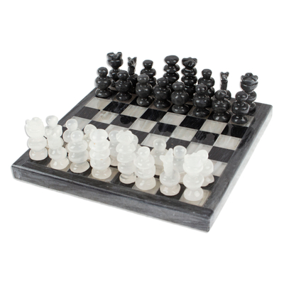 Mini-Schachspiel aus Onyx und Marmor - Mini-Schachspiel aus Onyx und Marmor in Grau und Elfenbein