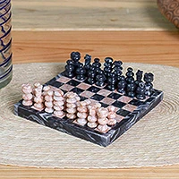 Marble mini chess set, 'Grey and Pink Challenge' - Handcrafted Mini Marble Chess Set in Pink and Grey