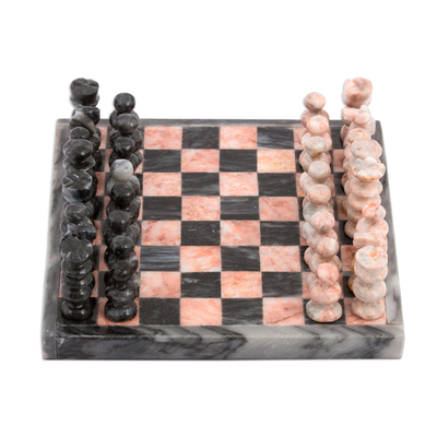 Marble mini chess set, 'Grey and Pink Challenge' - Handcrafted Mini Marble Chess Set in Pink and Grey