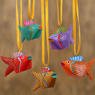 Wood alebrije ornaments, Sweet Fish (set of 5)