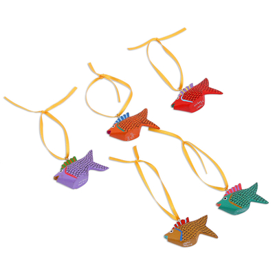 Wood alebrije ornaments, 'Sweet Fish' (set of 5) - Painted Wood Alebrije Fish Ornaments (Set of 5) from Mexico