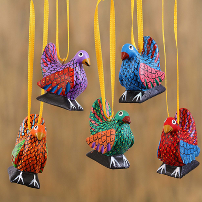 Wood alebrije ornaments, 'Sweet Chickens' (set of 5) - Wood Alebrije Chicken Ornaments (Set of 5) from Mexico