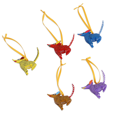 Wood alebrije ornaments, 'Sweet Coyotes' (set of 5) - Wood Alebrije Coyote Ornaments (Set of 5) from Mexico