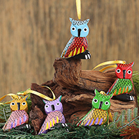 Wood alebrije ornaments, 'Sweet Owls' (set of 5) - Painted Wood Alebrije Owl Ornaments (Set of 5) from Mexico