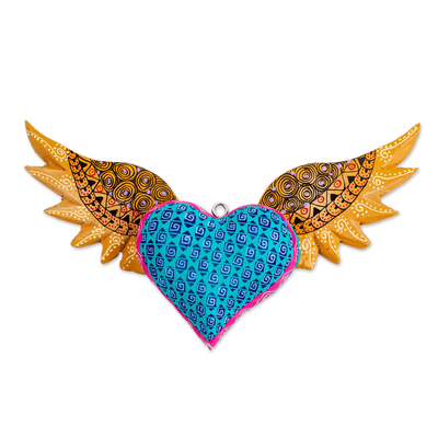 Wood wall decor, 'Winged Heart' - Mexican Handcarved Heart with Wings Hanging Wood Wall Decor