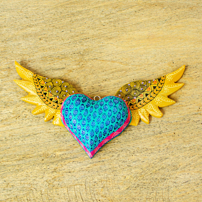 Wood wall decor, 'Winged Heart' - Mexican Handcarved Heart with Wings Hanging Wood Wall Decor