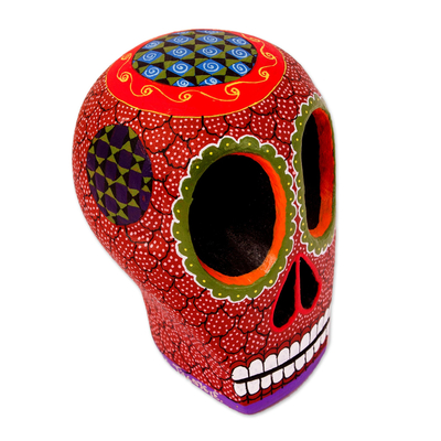 Wood figurine, 'Death and Folklore' - Mexican Hand Painted Terracotta Hue Wooden Skull Figurine