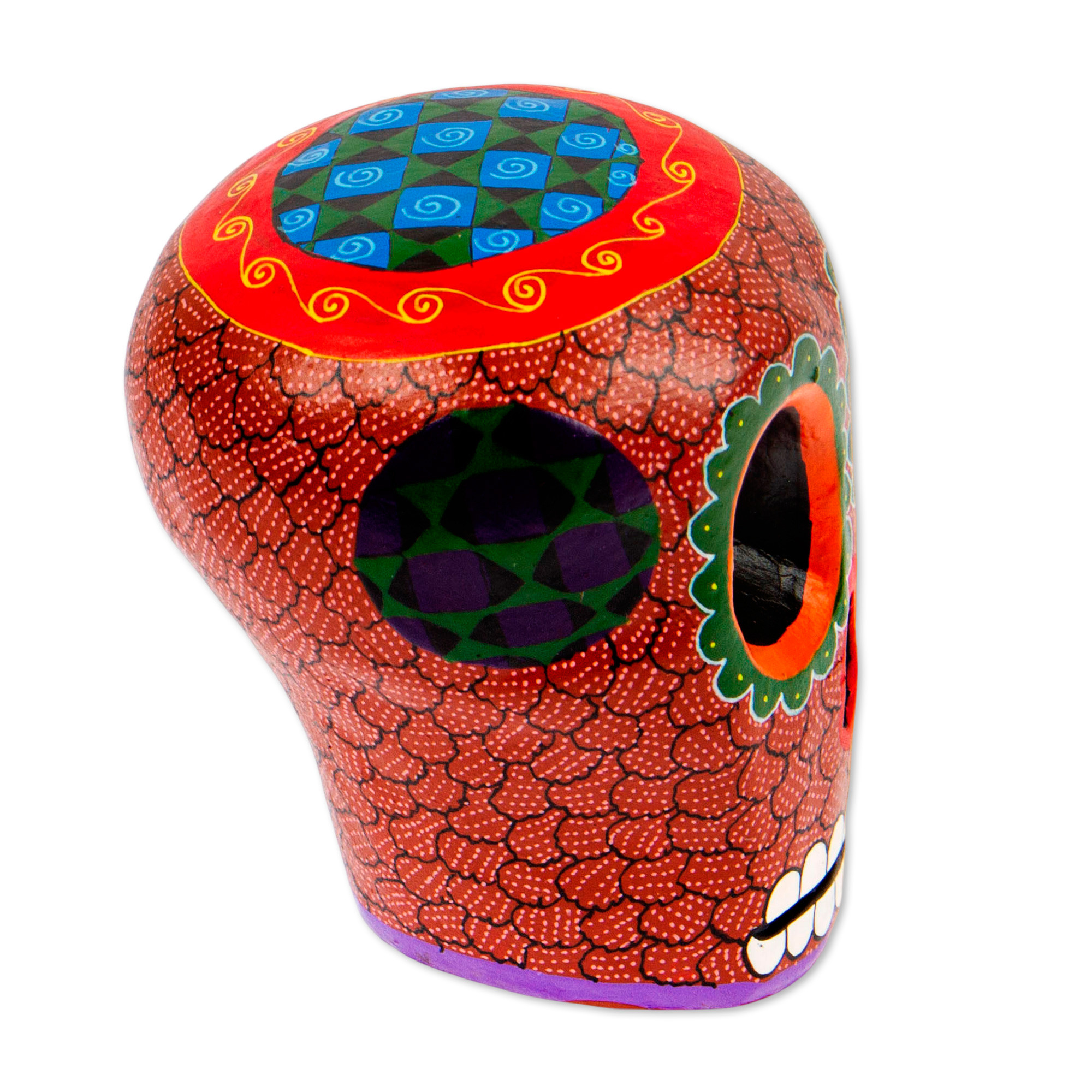 Mexican Hand Painted Terracotta Hue Wooden Skull Figurine Death and