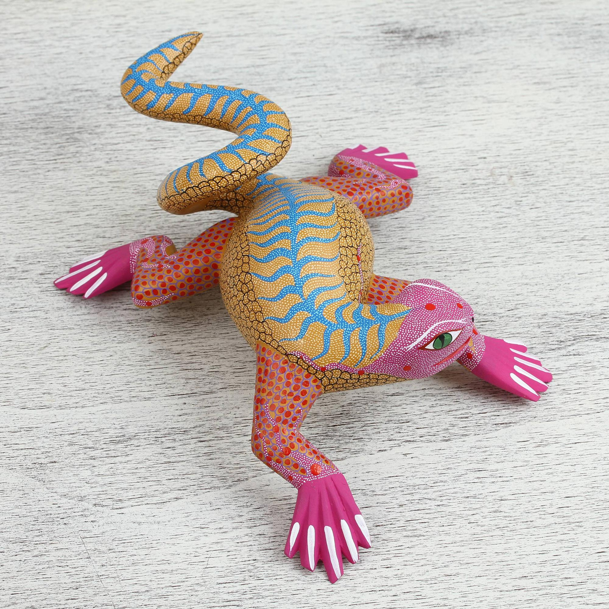 Pink and Yellow Wood Iguana Alebrije Sculpture from Mexico - Pink ...