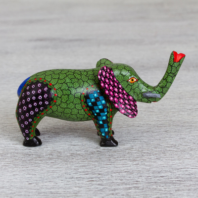 Wood alebrije figurine, 'Elephant in Green' - Artisan Crafted Green Wood Elephant Alebrije Figurine