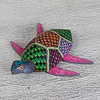 Wood alebrije figurine, 'Turtle Love' - Mexican Hand Painted Wood Sea Turtle Alebrije Figurine