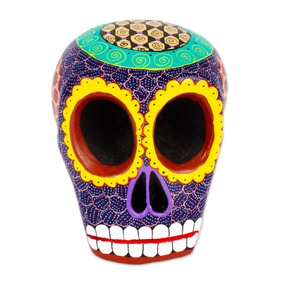 Wood figurine, 'Blue Death' - Artisan Crafted Blue Wood Skull Figurine from Mexico