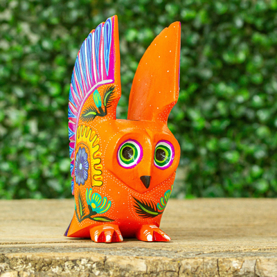 Wood alebrije figurine, 'Vibrant Owl' - Hand Crafted Copal Wood Multi-Colored Orange Owl Alebrije