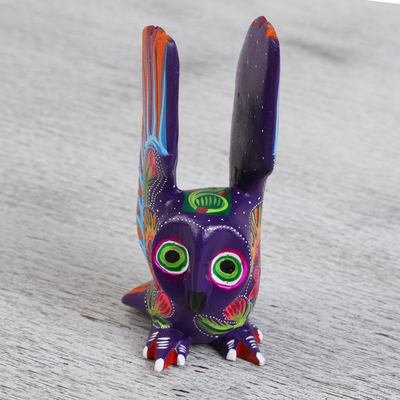 Wood alebrije figurine, 'Mysterious Owl' - Hand Crafted Copal Wood Multi-Colored Purple Owl Alebrije