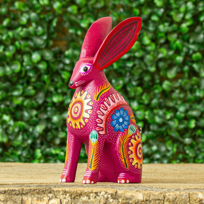 Wood alebrije figurine, 'Jackrabbit' - Hand Crafted Copal Wood Multi-Colored Rabbit Alebrije