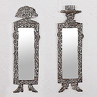 Embossed tin wall mirrors, 'Pair of Catrines' (pair) - Two Skeleton Design Tin Wall Mirrors from Mexico