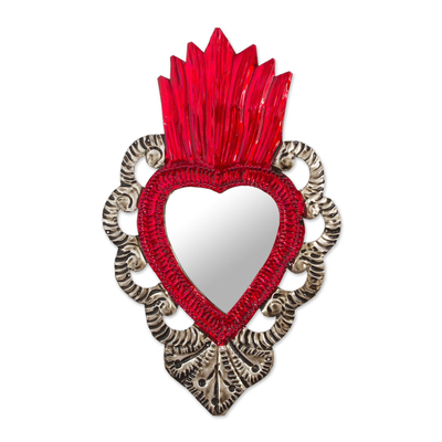 Tin wall mirror, 'Image of My Heart' - Mexican Artisan Crafted Tin Wall Mirror Accented with Red