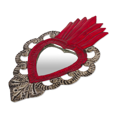 Tin wall mirror, 'Image of My Heart' - Mexican Artisan Crafted Tin Wall Mirror Accented with Red
