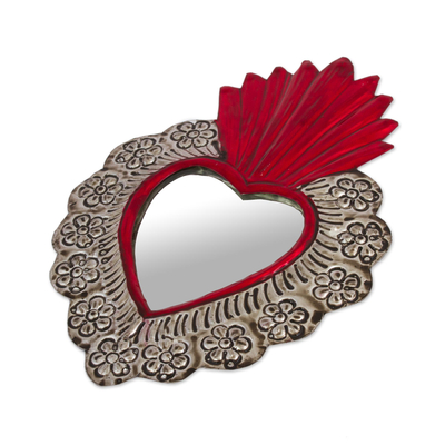 Tin wall mirror, 'Passionate Reflection' - Repousse Style Handcrafted Tin Wall Mirror from Mexico