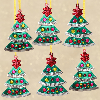 Zinn-Ornamente, 'Ferienbäume' (Satz von 6 Stück) - Kunsthandwerklich hergestellte Zinnbaumschmuckstücke aus Mexiko (6er-Satz)