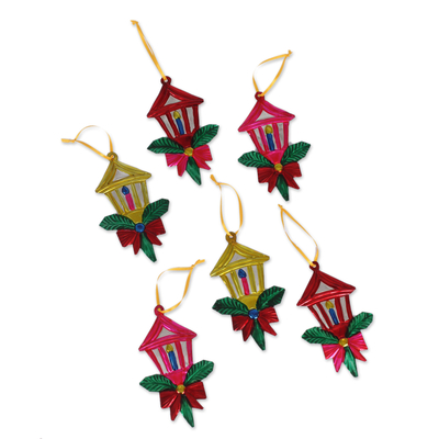 Tin ornaments, 'Candle Lights' (set of 6) - Mexican Hand Painted Tin Lantern Ornaments (set of 6)