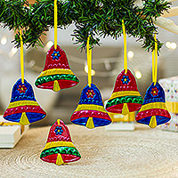 Tin ornaments, 'The Town Bells' (set of 6) - Mexican Hand Crafted Tin Christmas Bell Ornaments (set of 6)