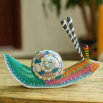 Wood alebrije sculpture, 'Vibrant Snail' - Hand-Painted Snail Alebrije Wood Sculpture from Mexico