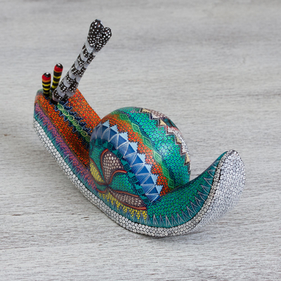 Wood alebrije sculpture, 'Vibrant Snail' - Hand-Painted Snail Alebrije Wood Sculpture from Mexico