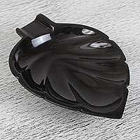 Marble catchall, 'Handy Leaf in Black' - Handcrafted Leaf-Shaped Marble Catchall in Black from Mexico