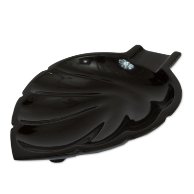 Handcrafted Leaf-Shaped Marble Catchall in Black from Mexico