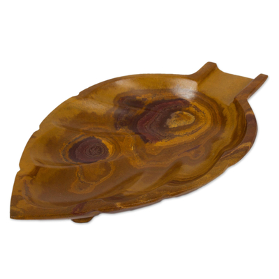 Onyx catchall, 'Handy Leaf in Brown' - Handcrafted Leaf-Shaped Onyx Catchall in Brown from Mexico