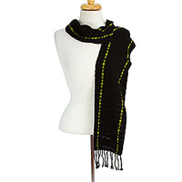 Cotton scarf, 'Mexican Evening' - Woven Black Cotton Wrap Scarf with Green Border