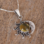 Amber pendant necklace, 'Honey Eclipse' - Sun and Moon Amber Pendant Necklace from Mexico